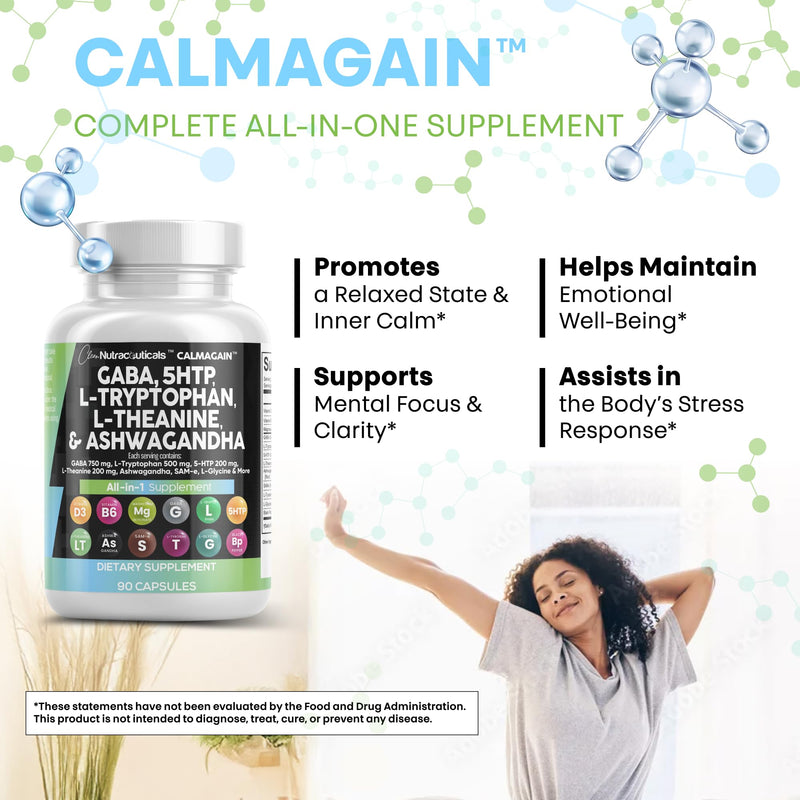 Clean Nutraceuticals GABA 750mg 5 HTP 200mg L Tryptophan 500mg L Theanine 200mg Ashwagandha SAM-e L-Glycine - Mood Support Vitamins for Women and Men with L-Tyrosine (90 Count (Pack of 3)) 30 Count (Pack of 3)