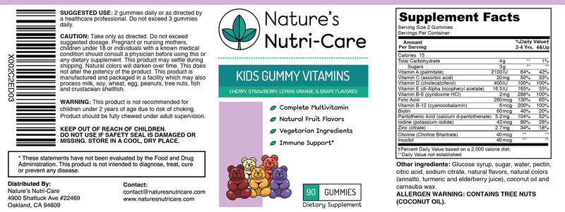 Nature's Nutri-Care Kids Gummy Vitamins - Kid Multivitamin Gummies with Vitamin C & D, Folate & Zinc Vitamins for Immunity Support, Grow & Gain Toddler Smart Focus