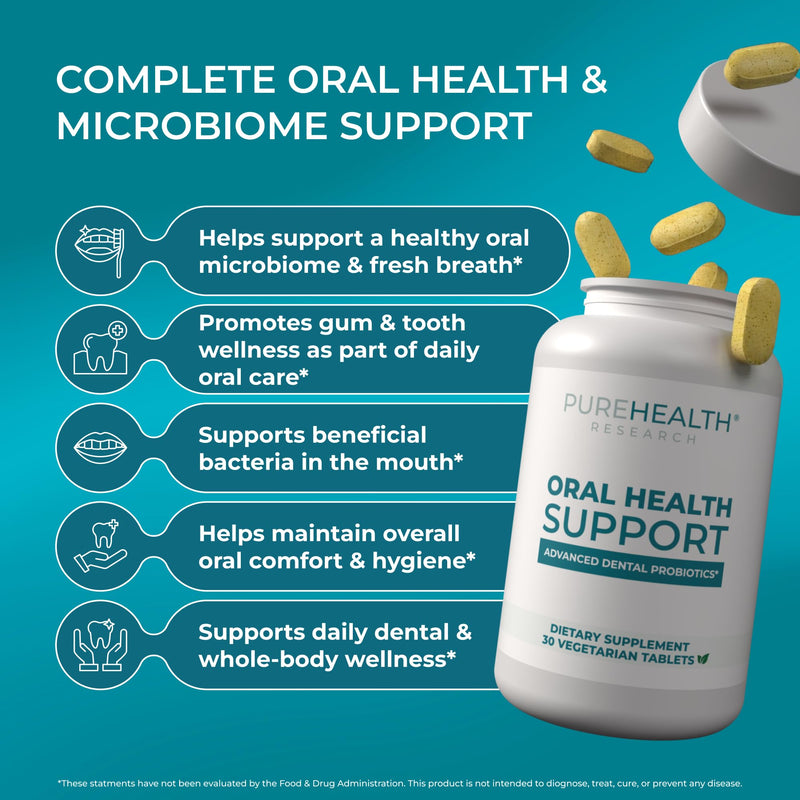 PUREHEALTH RESEARCH Oral Health Support - Dental Probiotics Supplement | Fresh Breath, Teeth & Gums Health - With Xylitol, Vitamin D3, Zinc, Peppermint Oil, Guava Fruit Powder & More - 30 Tablets