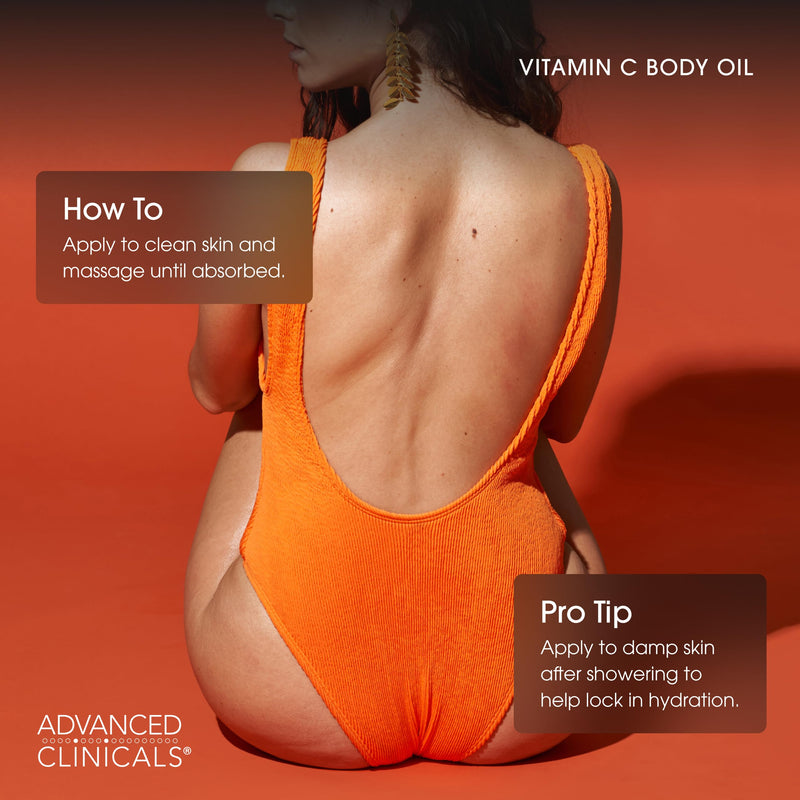 Advanced Clinicals Vitamin C Brightening Body Oil For Women & Men | Vitamin C Glow Oil Skin Care Body Moisturizer With Vitamin E + Botanicals To Help Improve Look Of Dark Spots + Dry Skin, 12 Fl Oz 12 Fl Oz (Pack of 1)