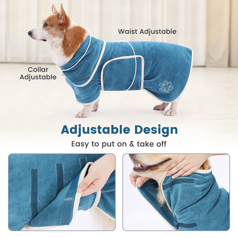 PETTOM dog bathrobe, dog bathrobe with high collar, dog bathrobe for large, medium and small dogs, dog bathrobe microfiber with Velcro fastener (blue, L) blue - BeesActive Australia