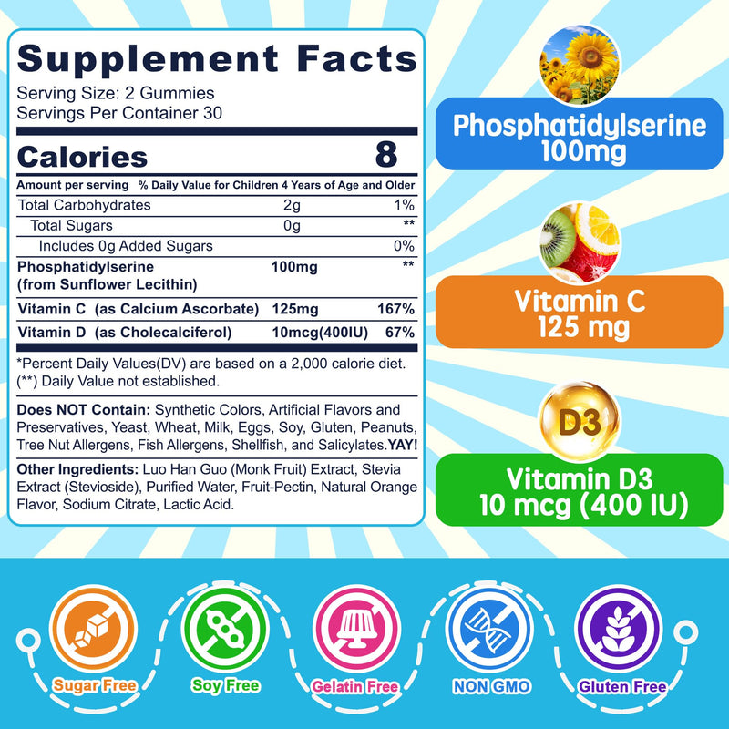 Phosphatidylserine Supplement 100mg, Focus Gummies for Kids Teens + Vitamin C & D3 400IU, Sugar Free Kids Brain Gummies Increase Attention & Concentration, Chewable, Vegan, Gluten Free, Non-GMO 60Cts 60 Count (Pack of 1)