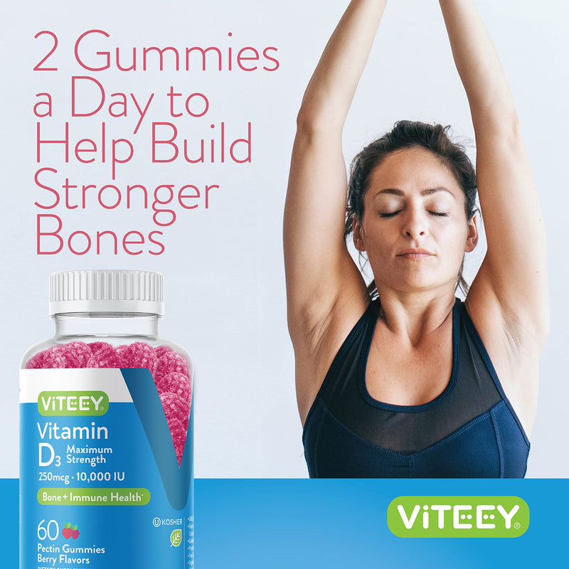 Viteey Vitamin D3 Gummies for Adults & Teens - 10,000 IU, 250mcg | Maximum Strength - Joint & Muscle Health, Immune Boost - Chewable Vitamin D Gummies - Vegetarian, Gelatin Free - 120 Count 60 Count (Pack of 2)