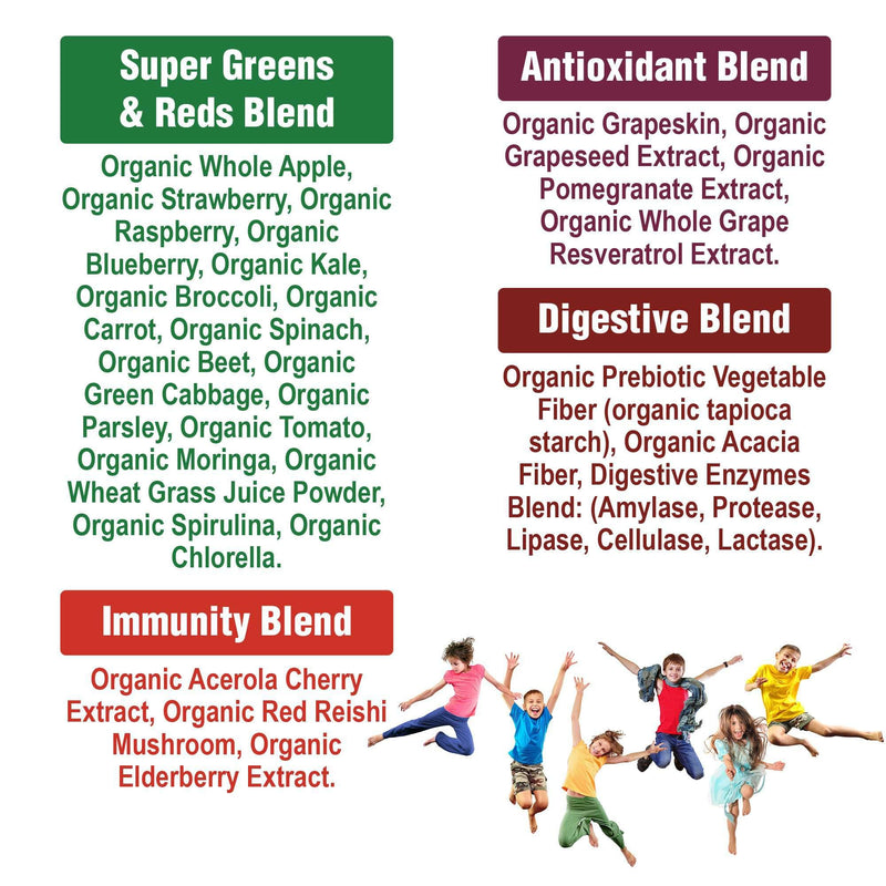 Kids Greens + Reds Superfood Powder. Best Tasting Organic Vegan Super Food | Green and Red Superfoods Juice Powder Supplement for Children with 25+ Fruits and Vegetables. Gluten Free Real Food Vitamins