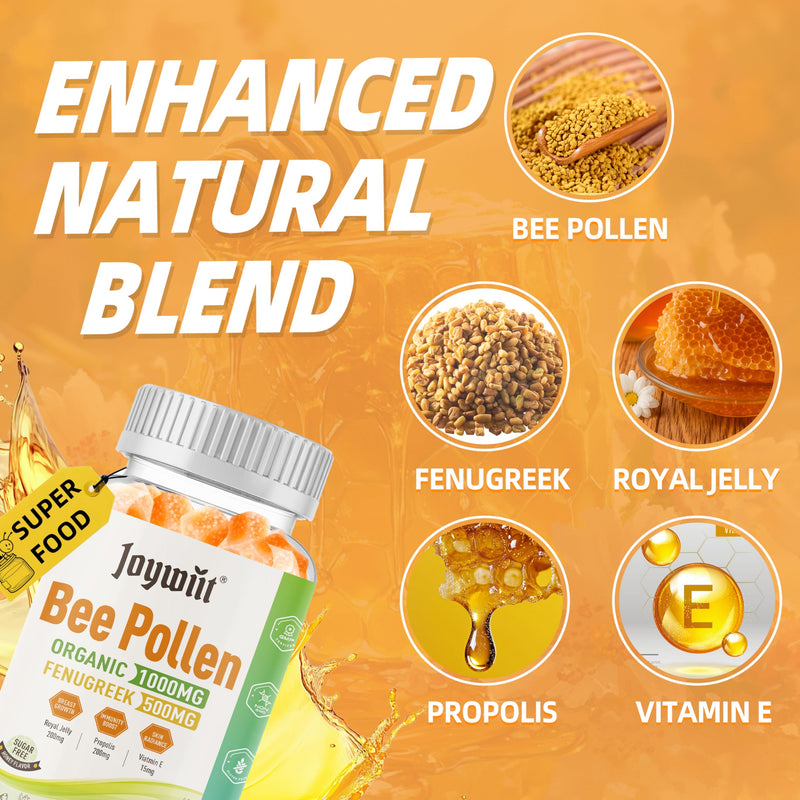 Bee Pollen 1000mg Sugar Free Gummies, w/Fenugreek, Royal Jelly, Propolis, Organic Bee Pollen Chewable Supplement for Women, Rich in Vitamin E, Immunity & Skin Care, 60 Counts 60 Count (Pack of 1) - BeesActive Australia
