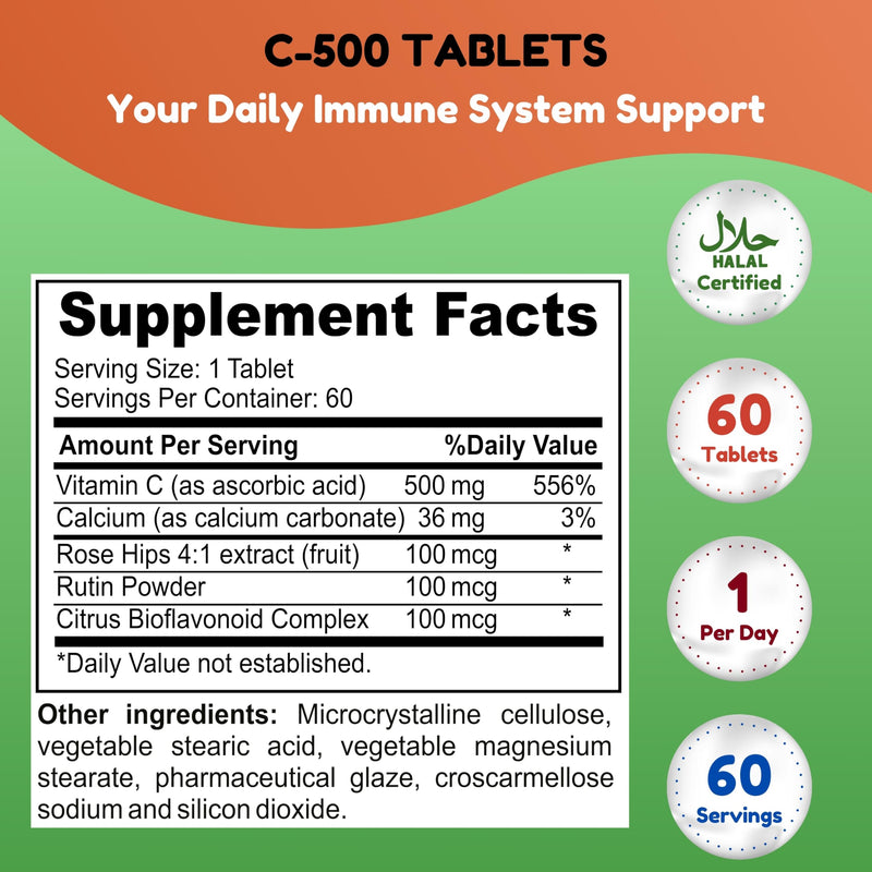 SHIFAA NUTRITION Halal Vitamin C-500 Tablets 60 Servings. Vegetarian, Non-GMO and Sugar Free Vitamin C Pills. for Seasonal and Immune Support.
