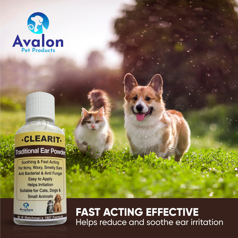Avalon Pet Products CLEARIT 2 x 20G Ear Powder for Dogs & Cats – Anti Bacterial & Anti Fungal Powder Supports Yeast Control, Itching, Wax Build-Up & Odour - Helps Keep Ears Dry, Fresh & Comfortable 20 g (Pack of 2)