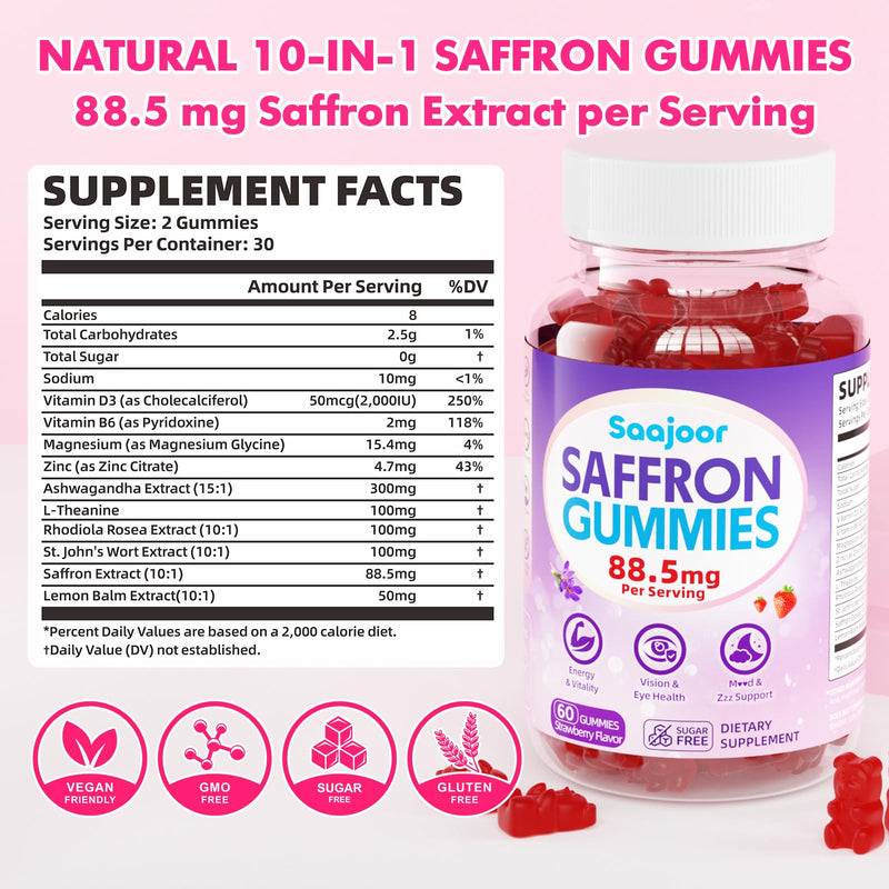 Saffron Gummies for Adult Kids - with Saffron 88.5mg, Vitamins D3 & B6, Magnesium, Zinc, Ashwagandha, L - Theanine, St. John's Wort - Supports Mood & Focus, Strawberry Flavor, 60 Count 1pack