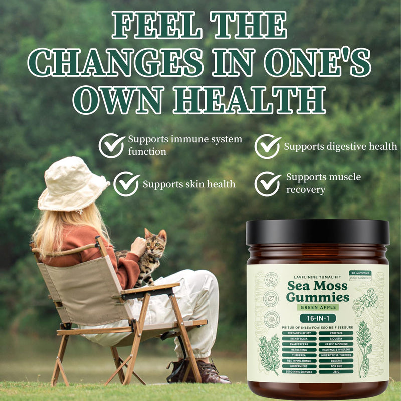 Sea Moss Gummies 16-in-1, Ashwagandha Black Seed Oil Bladder Wrack Turmeric Vitamin C, Apple Cider Vinegar, Non-GMO (Green Apple)