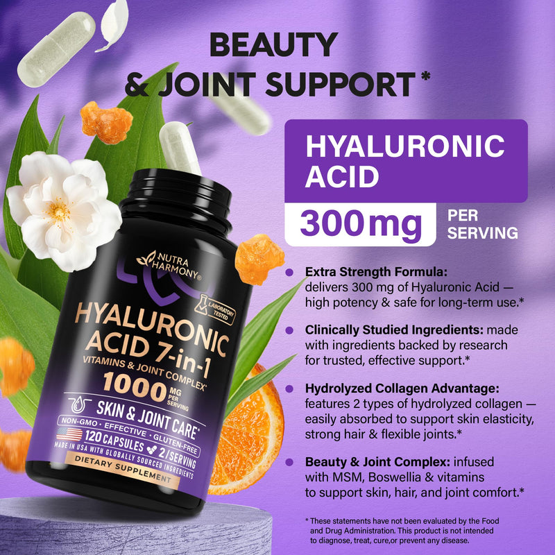 Hyaluronic Acid Supplements 1000 mg - Collagen | MSM | Boswellia | Vitamin D3, C & E - Hyaluronic Acid Capsules - Skin Hydratation & Joint Comfort Support - 7-in-1 Complex - Made in USA - 120 Capsules 120 Count (Pack of 1) - BeesActive Australia