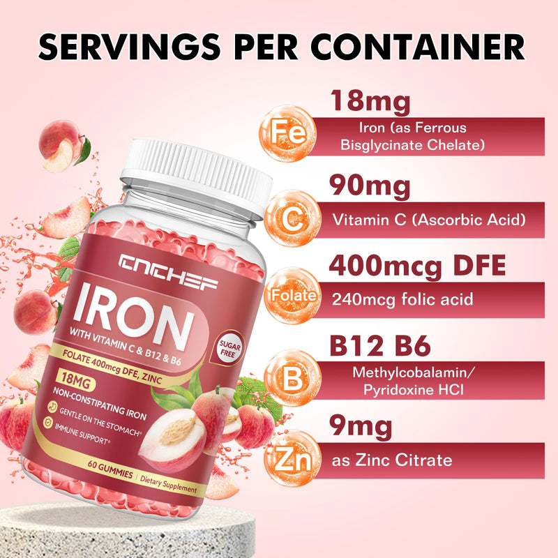 2PCS Iron Supplement for Women & Men Gummies, Multivitamin Blood Builder Iron Supplement with Folate Vitamin C B12 B6 Zinc for Adults & Kids - Energy Support - Peach Flavor, Vegan 120 Gummies 60 Count (Pack of 2)