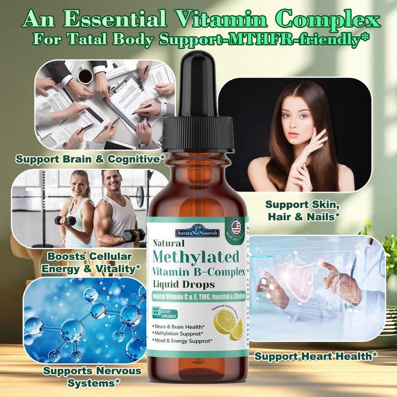 2 Pack Methylated B Complex Liquid, 9-in-1 Methyl B Vitamin w. Methylfolate 5-MTHF Inositol Choline Riboflavin TMG & Methyl B12 Vitamin C E, Super B Complex Multivitamin for Energy Mood & Brain Health Lemon 2 Fl Oz (Pack of 2)