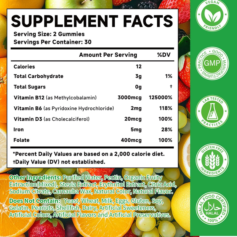 1 Pack Methyl B-12 3000mcg Gummies for Kids & Adults, Vitamin B12 (Methylcobalamin) with Vitamin B6, Folate & D3, Supports Energy, Metabolism & Immune Wellness, 60 Count 60 Count (Pack of 1)
