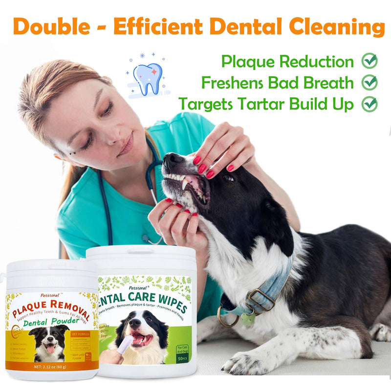 Petstoral Dental Cleaning Kit, Dental Care Wipes to Clean Plaque on The Surface of The Teeth, Dental Powder with Probiotic to Solve Oral Problems from The Inside of Digestion