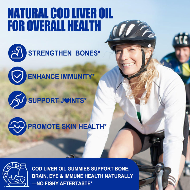 Cod Liver Oil 1000mg Gummies, w/Vitamin A & D3 Omega 3 Fish Oil Supplement | Brain, Bone, Eye & Immune Health - DHA 360mg & EPA 240mg for Adults & Kids, Sugar Free, 120 Count