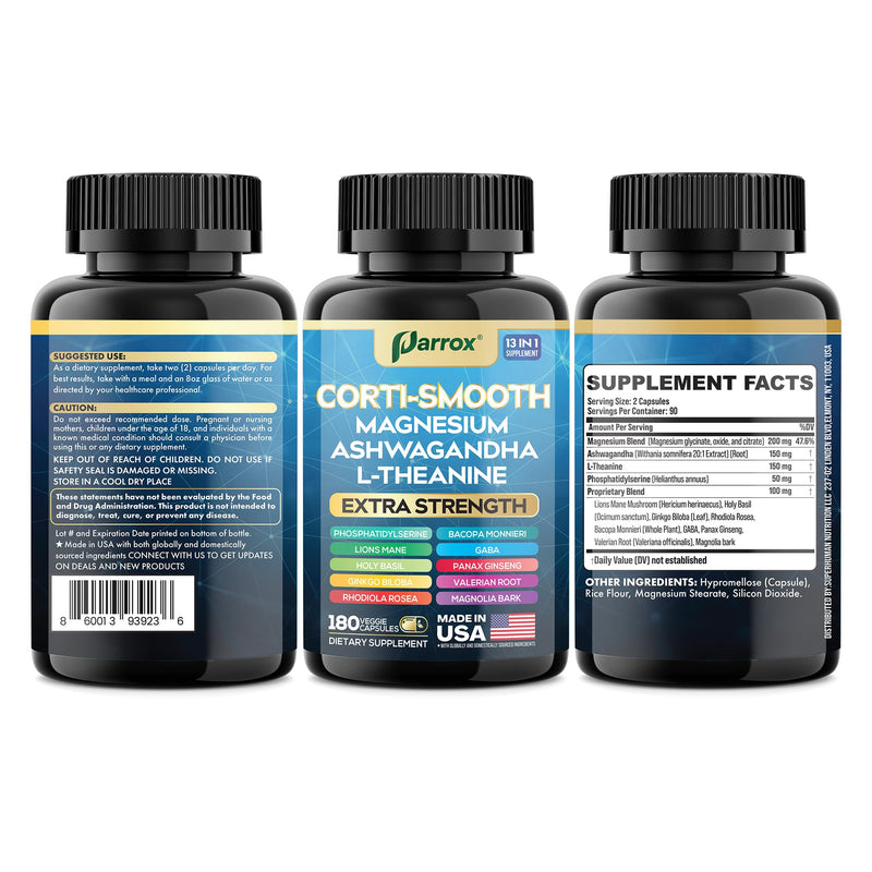 Cortisol Supplement, 11-in-1 Magnesium & Ashwagandha, Corti-Smooth, 180ct | Magnesium, L-Theanine, Ashwagandha, Magnolia Bark, Panax Ginseng, Bacopa, GABA, Lions Mane, Ginkgo Biloba 180 Count (Pack of 1)