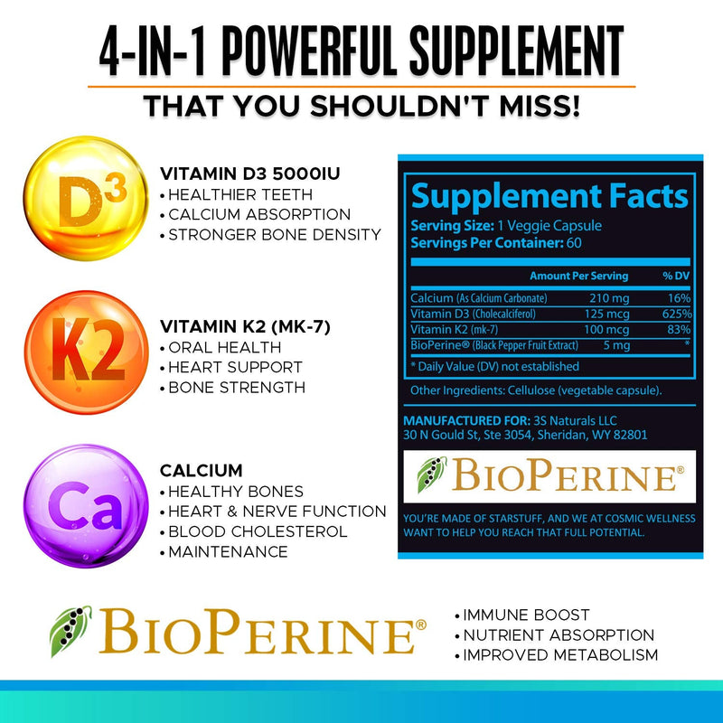 K2 D3 Vitamin Supplement 5000 Iu - for Healthier Bones, Blood, Heart, and Better Immunity - Enhanced Calcium Absorption with Bioperine - 100% Natural and Allergen-Free - Vitamin D3 K2 Mk7 5000 Iu