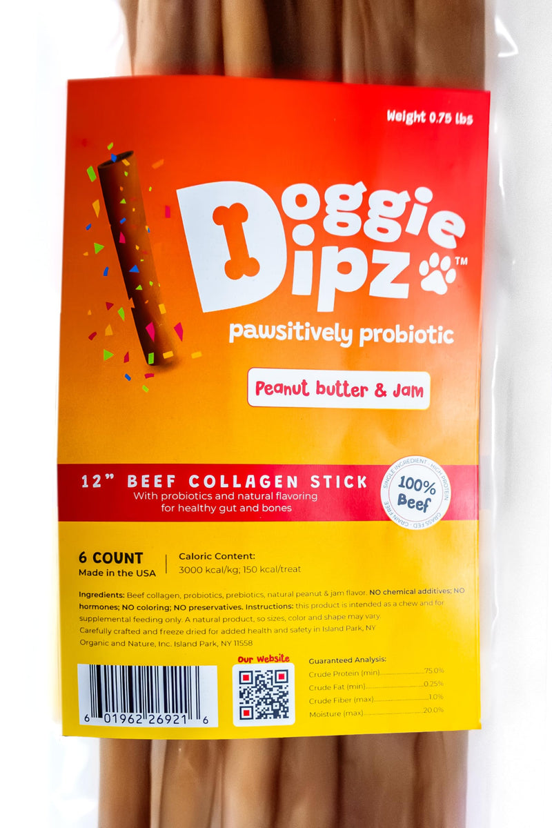 Beef Collagen Sticks for Dogs – 6 Pack - 12” Sticks for Large Dogs - Healthy Chew Treats with Probiotics – Rawhide-Free, Long-Lasting – Bully Stick Alternative Made in USA (Peanut Butter) Peanut Butter 1 Ounce (Pack of 6)