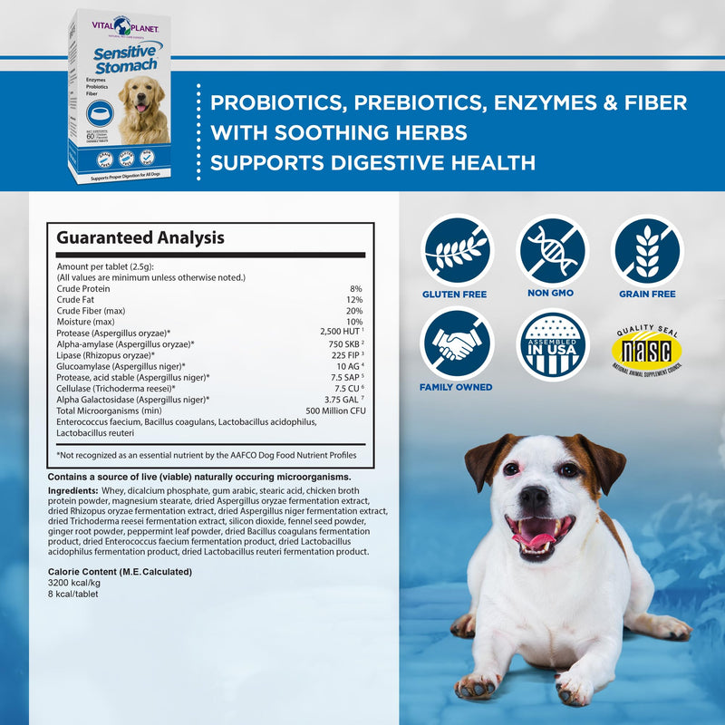 Vital Planet - Sensitive Stomach for Dogs with Enzymes, Probiotics and Fiber, Natural Digestive Support for Upset Stomach with Fennel, and Peppermint, 60 Chicken Flavored Chewable Tablets - PawsPlanet Australia