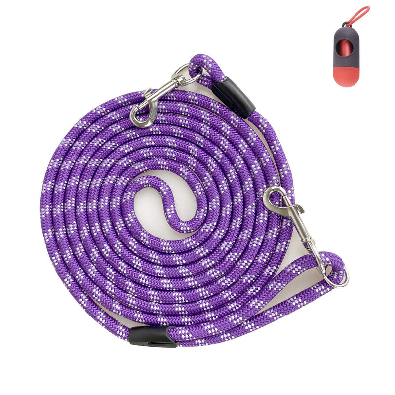 Long Rope Dog Leash for Dog Training 12FT 20FT 30FT 50FT, Reflective Threads Dog Leashes Tie-Out Check Cord Recall Training Agility Lead for Large Medium Small Dogs (Purple, 10mm*20ft) Purple - BeesActive Australia