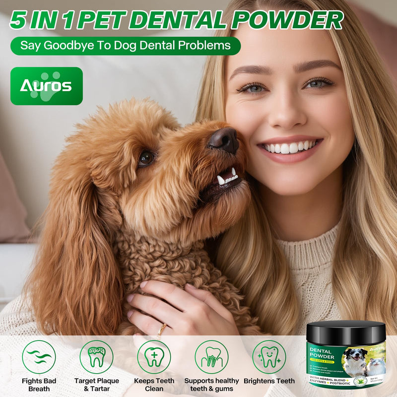 Dog Dental Powder for Teeth Cleaning Plaque & Bad Breath Off, Dental Powder for Dogs Teeth with Natural Herbal Blend & Postbiotics, Dog Teeth Cleaning Powder with Enzymes for Dogs & Cats (5.3oz)