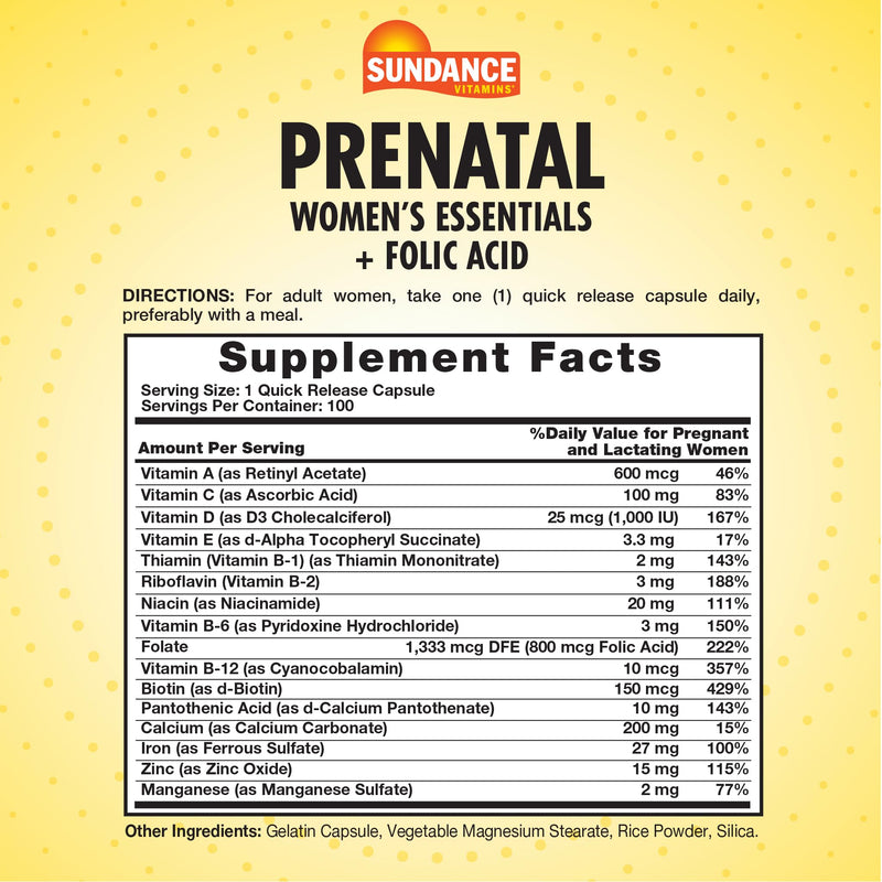 Sundance Prenatal Multivitamin | with Folic Acid | 100 Quick Release Capsules | 800 mcg | Non-GMO, Gluten Free Supplement for Women