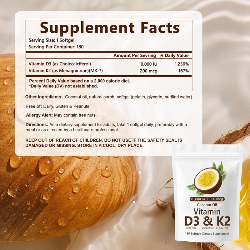 Naturals D3 K2, Vitamin D3 10000 IU + K2 200 MCG, Vitamin D3 & K2 Coconut Oil Softgels Capsules for Bone, Immune Health, Boosts Energy & Calcium Absorption, 180 Gels (1) 1