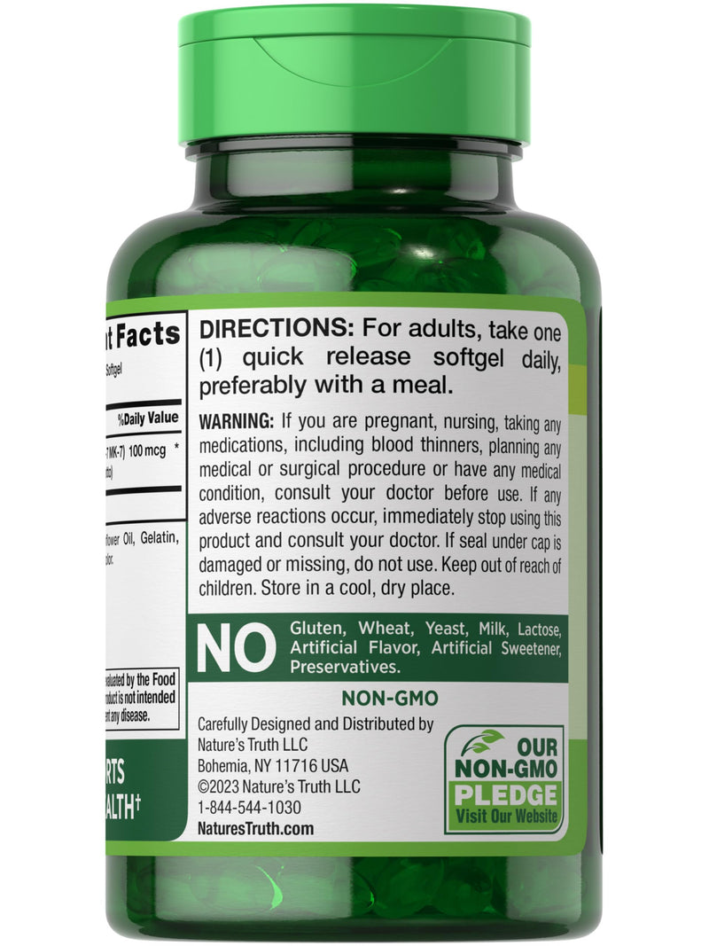 Nature's Truth Vitamin K2 MK7 Complex | 100 mcg | 180 Softgels | Non-GMO & Gluten Free Supplement - BeesActive Australia