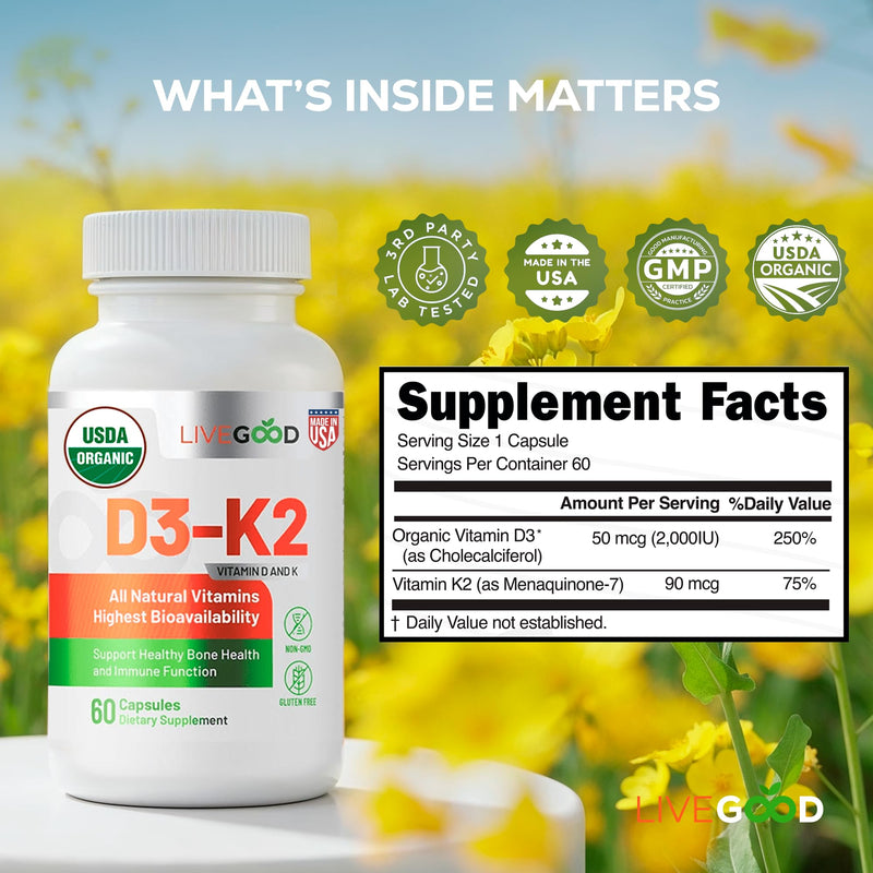 LiveGood Vitamin D3 K2 2000 IU, Organic Vegan D3 K2 Supplement with MK-7 | Organic, Vegan, MK-7, Immune & Bone Support, 60 Capsules, Non-GMO, Made in USA, No Fillers, Daily Wellness Formula