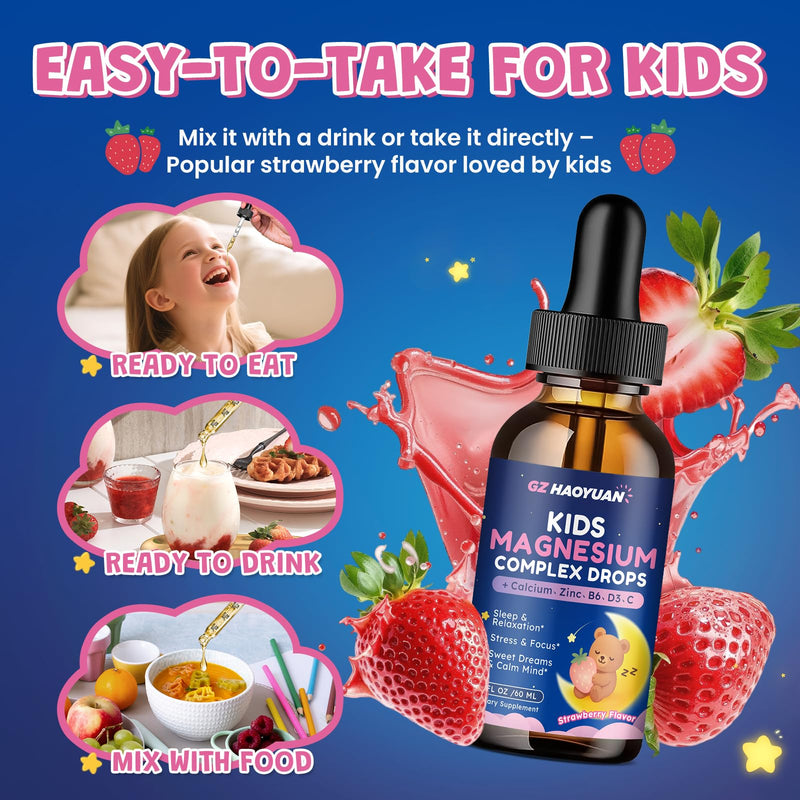 Kids Magnesium Liquid Drops - Magnesium Glycinate Drops for Kids, Citrate Liquid with Calcium, Omega-3, L-theanine, Zinc, Vitamin B6 D3 C for Sleep, Relaxation, Calm & Focus, Strawberry Flavor,4 Fl Oz 4 Fl Oz (Pack of 1)