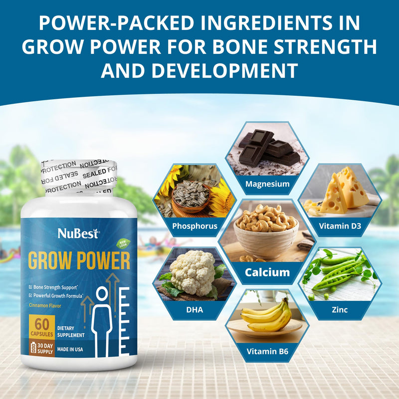 NuBest Grow Power - Calcium Supplement, Magnesium Supplement with Vitamin D3, B6, Zinc, Phosphorus and Multivitamin for Strong Bones, Overall Health for Age 10+ | 60 Capsules | 1 Month Supply Authentic 60 Count (Pack of 1)