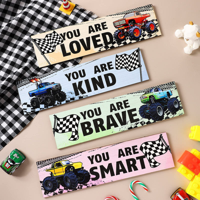 4 Pcs Truck Bedroom Wall Decor for Boys Construction Trucks Boys Room Decor Inspirational Racing Car Wooden Hanging Sign Motivational Quote Car Decoration for Kid Nursery Playroom Kindergarten - BeesActive Australia