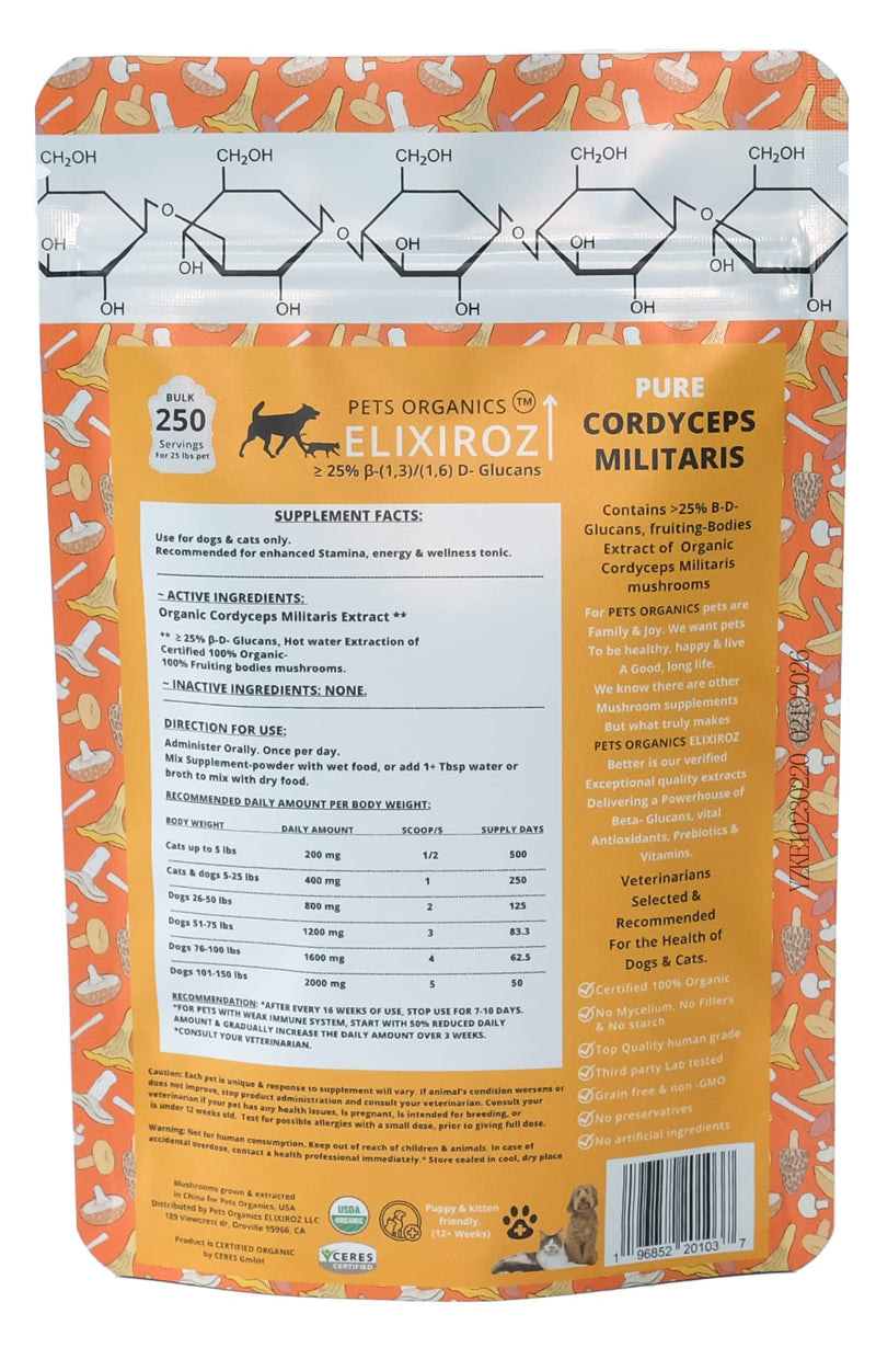PURE CORDYCEPS M >25% β-glucans,100% Mushrooms Fruiting Bodies 8-12:1 Extract for Dogs & Cats Stamina, Energy & Tonic. Anti inflammatory. Immune, Brain, Kidney, Liver health. 250 SERVINGS for 25lb pet - PawsPlanet Australia