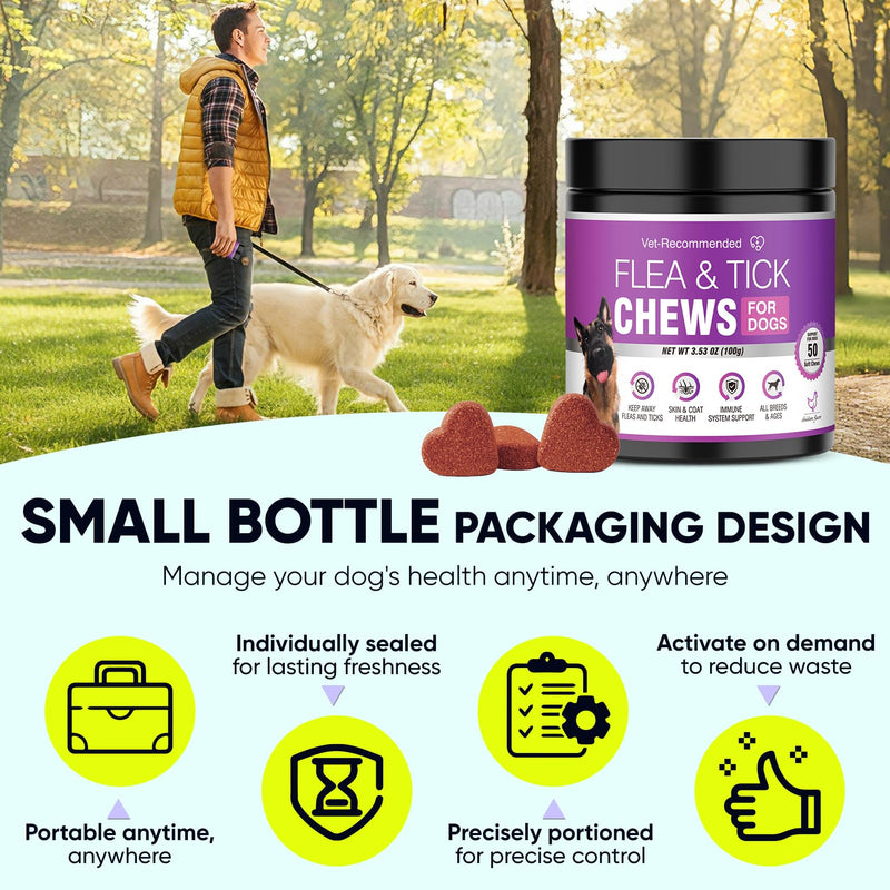 Dog Flea and Tick Treatment Chewable for 50 Count (4 Pack) Pet Control Oral Flea and Tick Chewable Supplement Fleas Ticks Prevention Treats for Puppies Soft 200 Chews All Breeds Ages Chicken Flavor