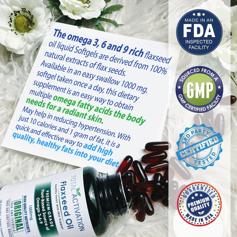 Organic Flaxseed Oil 1,000 mg Omega-3, Immune System Booster with Omega 3,6,9 from Natural ALA, Supports Healthy Heart, Hair, Skin and Nails, 100 Rich Liquid Softgels Per Bottle