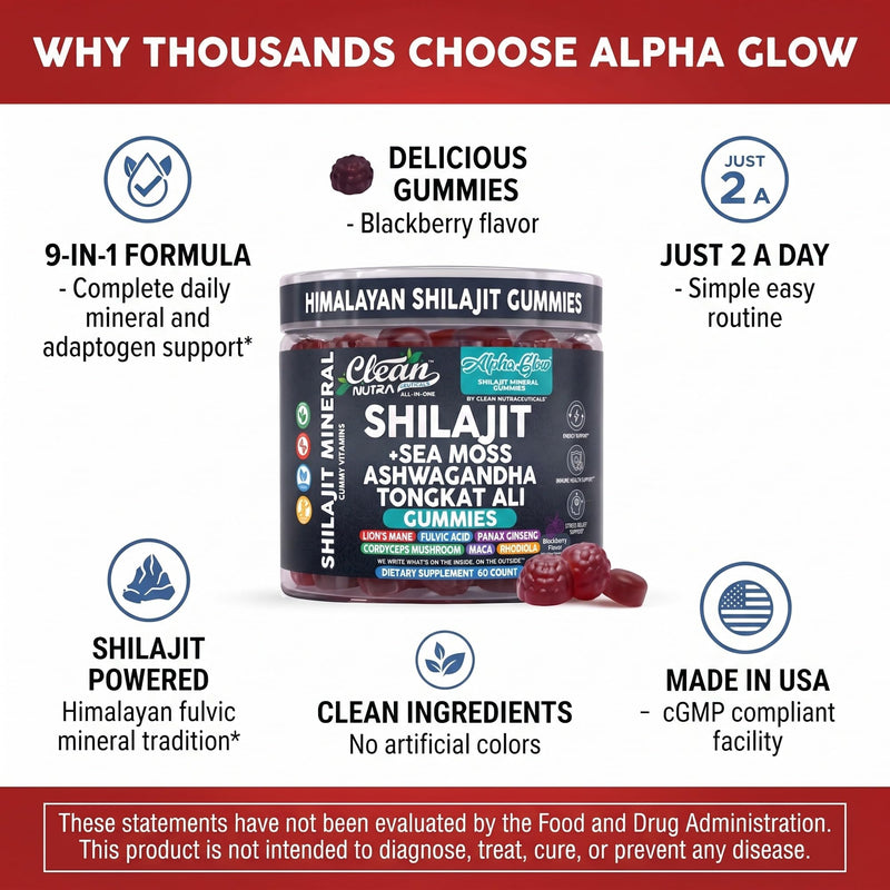 Alpha Glow Shilajit Gummies with Irish Sea Moss Tongkat Ali Ashwagandha Lion's Mane MACA Panax Ginseng Rhodiola & Cordyceps By Clean Nutra (1) 1