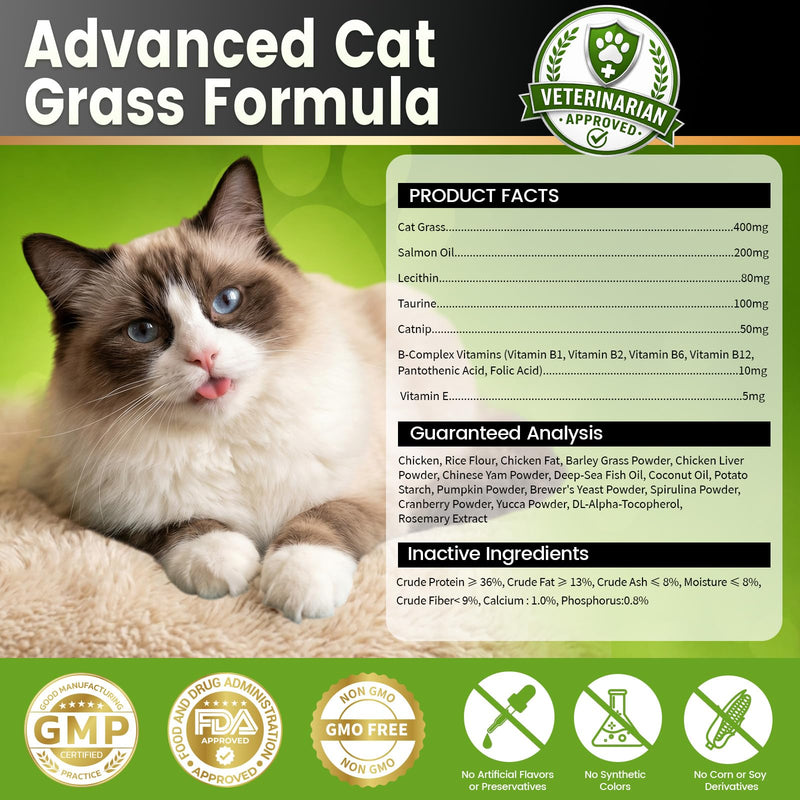 Cat Grass Treats, Hairball Treatment for Cats, Cat Grass for Indoor Cats, Fish Oil for Skin & Coat, Digestion, Taurine for Heart Vision, 500 Crunchy & Creamy Chews with Essential Vitamins of All Ages