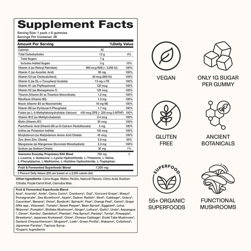 Awesome Everyday - Essential Daily Nutrition Gummies - Adults - 28 Count | Contains 9 Essential Amino Acids, Features 19+ Vitamins and Minerals, Has 55+ Fermented Superfoods and Greens Blend 28 Count (Pack of 1)