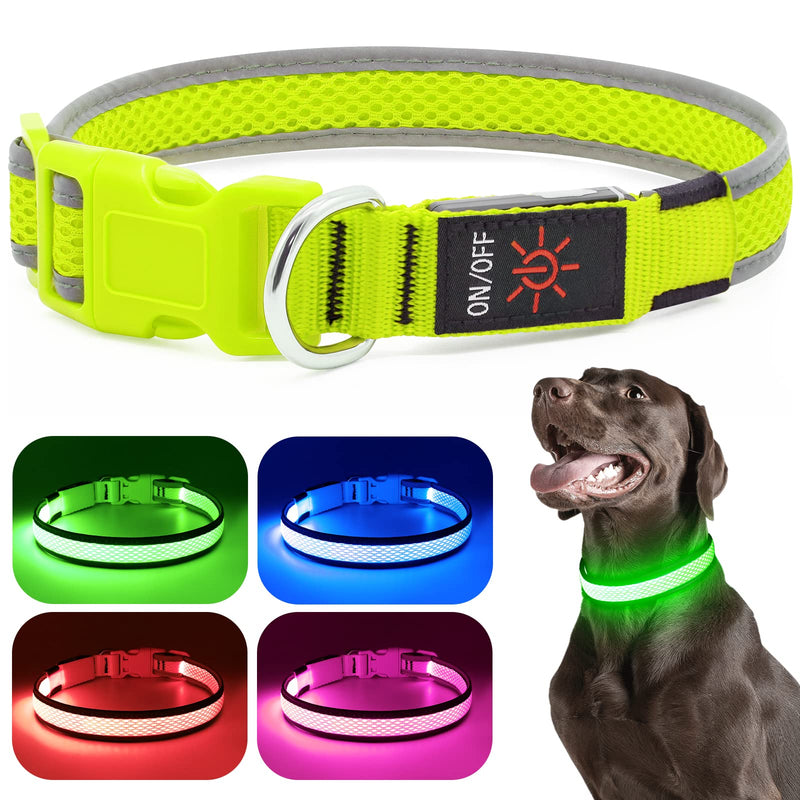 Flashseen LED Dog Collar, USB Rechargeable Light Up Dog Collar Lights, Adjustable Comfortable Soft Mesh Safety Dog Collar for Small, Medium, Large Dogs(Large, Neon Green) - BeesActive Australia