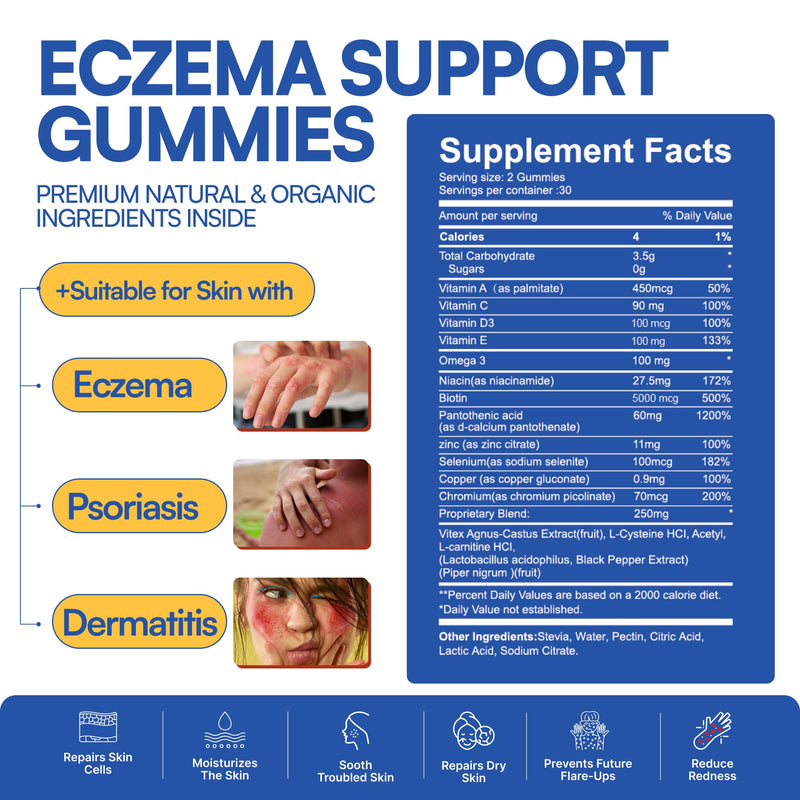 Sugar Free Eczema Treatment Gummies - USA Made - 50+ Vitamins & Probiotics for Clear, Hydrated Skin - Soothes Itching, Calms Redness & Boosts Skin Health (60 Gummies)