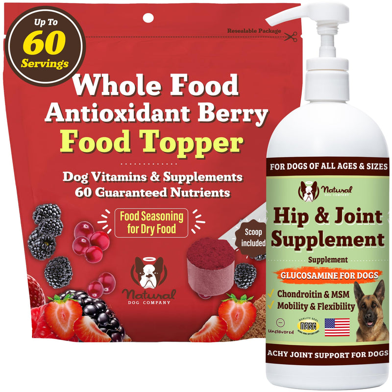 Natural Dog Company Berry Superfood Topper & Hip + Joint Oil Bundle – Antioxidant Meal Topper & Liquid Glucosamine for Dogs – Mobility, Joint & Immune Support – 8 oz + 16 oz