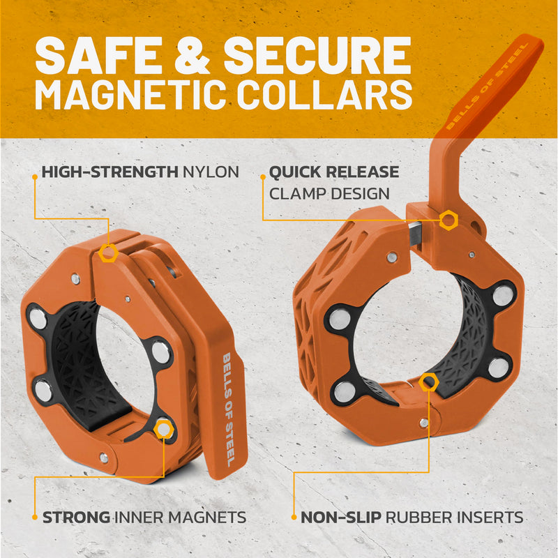 Magnetic Barbell Collars [Bells of Steel] Version 2.0 Premium Weight Bar Clamps, Quick Release Barbell Clips, Olympic Barbell Clamps, High-Strength Nylon Gym Clips, Pair, Orange Orange V.2