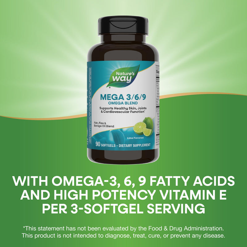Nature's Way Mega 3/6/9 Omega Blend, Lime Flavor, 90 Softgels | Fish, Flax and Borage Oil Blend with Omega 3, 6 and 9 Fatty Acids to Support Healthy Skin, Joints & Cardiovascular Function* 90 Count (Pack of 1)