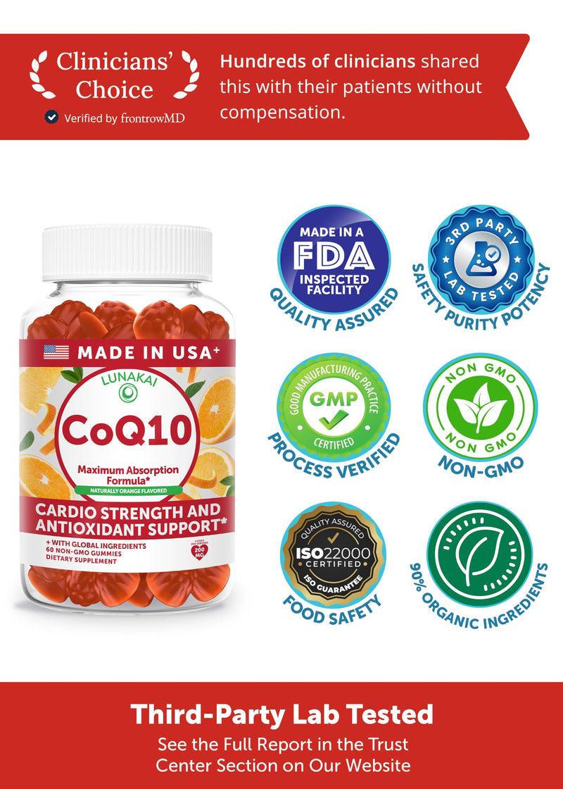 Lunakai USA Made CoQ10 Gummies for Adults – 200mg High Potency Coenzyme Q10 Supplement for Daily Heart, Energy & Antioxidant Support for Women & Men, Non-GMO, 60ct