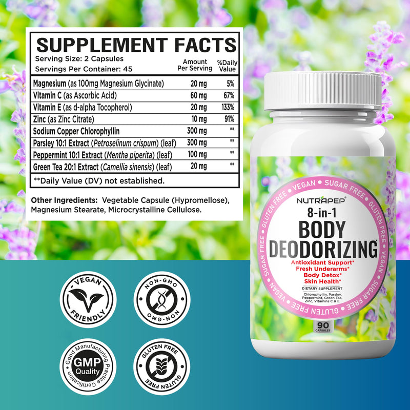 NutraPep Body Deodorizing Supplement - Odor Eliminator & Internal Deodorant Pills for Fresh Breath Skin Health & Detox - Full Body Deodorizer Capsules with Chlorophyll Complex Vitamins 90 Count (Pack of 2)