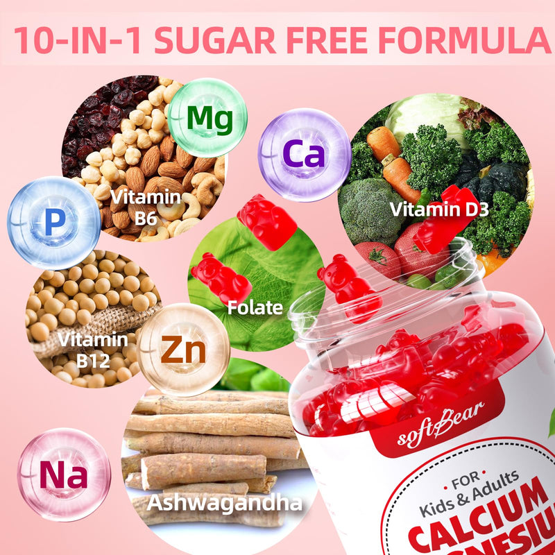 softbear Calcium Magnesium Zinc Gummies for Women, Calcium Magnesium Supplement with Vitamin D3 for Bone Strength, Vegan/Sugar-Free, Raspberry Flavor 60 Count 60 Count (Pack of 1)