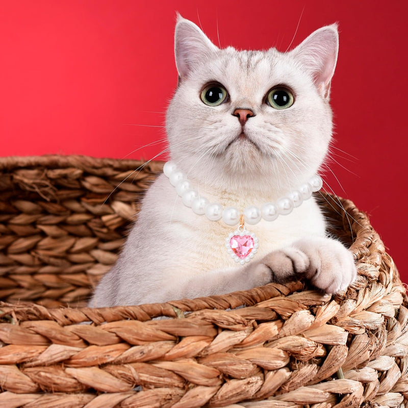 Cat Pearl Collar with Heart Pendant, Cute Pearl Pet Necklace in Medium, Adjustable Wedding Party Small Dog Jewelry Accessories for Puppy Kitten- Pink - BeesActive Australia