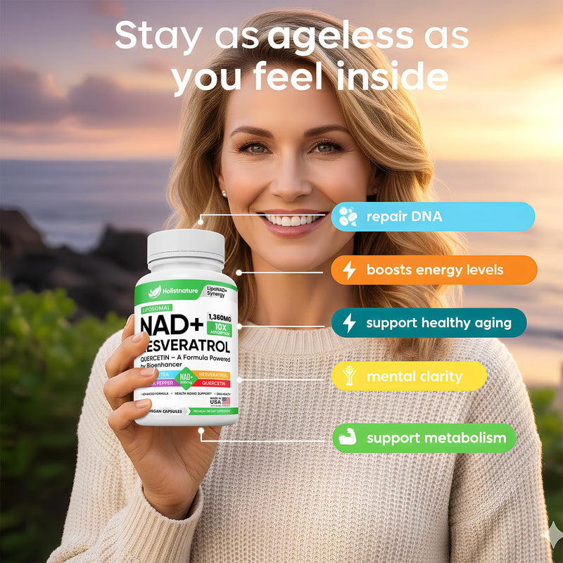 NAD+ Supplement, 1,360mg Max Strength Liposomal | Resveratrol, Quercetin, Green Tea | Cellular Energy & Healthy Aging for Men & Women | 800mg of 100% High Purity NAD+ for Energy, Focus - 90 Capsules