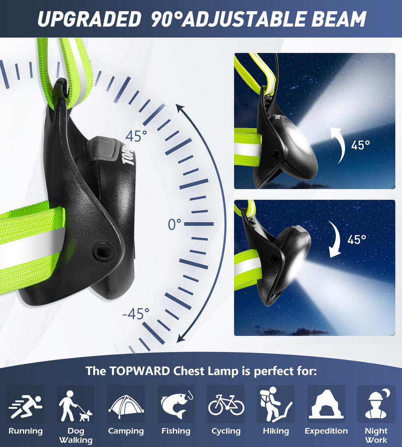 Running Lights for Runners USB-C Rechargeable, Chest Headlamp with 500 Lumen Adjustable Beam, Safety Light for Walking Dog at Night Green