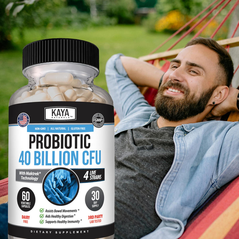 Kaya Naturals Probiotic 40 Billion CFU, Prebiotic, 4 Strains, 60 Capsules | 40 Billion CFU at Manufacture; 4 Probiotic Strains; Prebiotic FOS; MAKTREK Bi-Pass Technology; Gluten & Dairy Free 60 Count (Pack of 1)